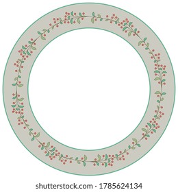 Round floral decor, frame or texture. Wreath of stylized branches with leaves and red berries in a ring. Folk style.