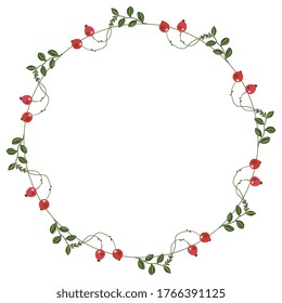Round floral decor or frame. Wreath of cranberry branches with red berries. 