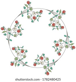 Round floral decor or frame. Wreath of strawberry plant branches with flowers and berries. Folk style.