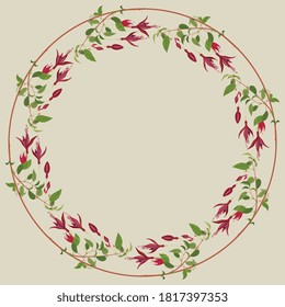 Round floral decor or frame. Wreath of blooming fuchsia branches.