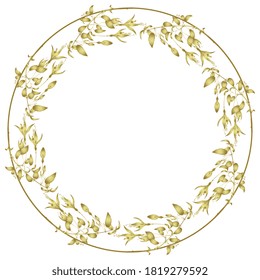 Round floral decor or frame. Wreath of blooming fuchsia branches. Golden silhouette on white background.
