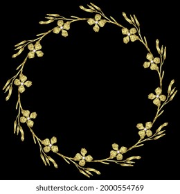 Round floral decor or frame. Wreath of wild flowers. Gillyflower or carnation. Matthiola bicornis. Clove blossom. Jewelry design. Golden glossy silhouette adorned with pearl beads on black background.