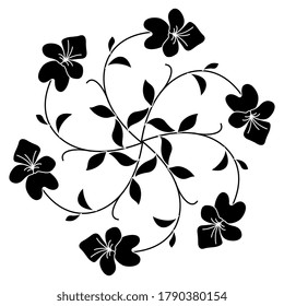 Round floral decor. Spiral mandala with stylized branches of viola tricolor plant. Folk style. Black and white silhouette.