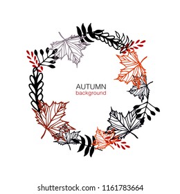 Round floral decoration with maple trees and plants branches. Vector illustration of outline fallen leaves isolated on white background.