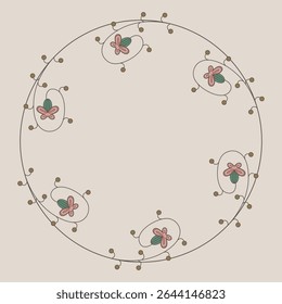 Round floral decorative frame with spiral vintage motifs. Botanical wreath of stylized flowers. Herbal border.