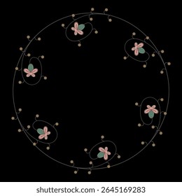 Round floral decorative frame with spiral vintage motifs. Botanical wreath of stylized flowers. Herbal border. On black background.
