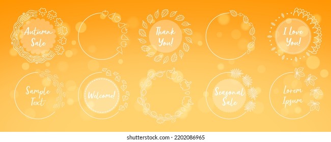 Round Floral Decorative Frames with Letterings on Orange Background. Autumn Collection. Set of the different plant elements for design.