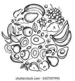 Round floral design with black and white apples, pears, avocado, kiwi, grapes, bananas, strawberry