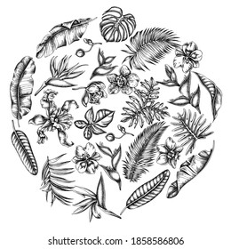 Round floral design with black and white monstera, banana palm leaves, strelitzia, heliconia, tropical palm leaves, orchid