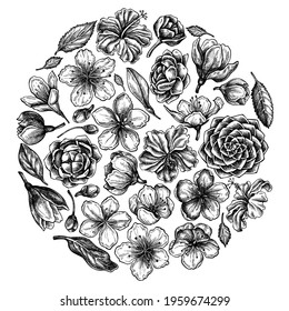 Round floral design with black and white hibiscus, plum flowers, peach flowers, sakura flowers, magnolia flowers, camellia japonica