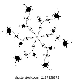 Round floral design with blooming branches. Medieval illuminated manuscript style. Black silhouette on white background.