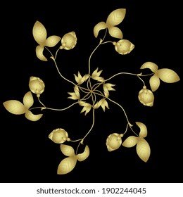 Round floral design with blooming rose branches. Spiral mandala with six rosebuds boughs. Glossy golden silhouette on black background.