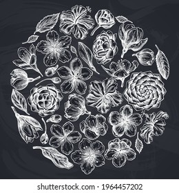 Round floral design with chalk hibiscus, plum flowers, peach flowers, sakura flowers, magnolia flowers, camellia japonica