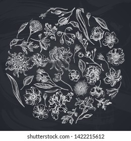 Round floral design with chalk japanese chrysanthemum, blackberry lily, eucalyptus flower, anemone, iris japonica, sakura