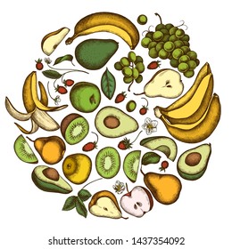 Round floral design with colored apples, pears, avocado, kiwi, grapes, bananas, strawberry