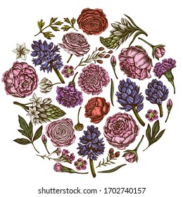 Round floral design with colored peony, carnation, ranunculus, wax flower, ornithogalum, hyacinth