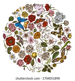 Round floral design with colored shepherd's purse, heather, iris japonica, sakura, gypsophila, chamomile, almond, poppy flower, calendula, blue morpho, lemon butterfly, red lacewing, african giant