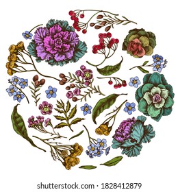 Round floral design with colored wax flower, forget me not flower, tansy, ardisia, brassica, decorative cabbage