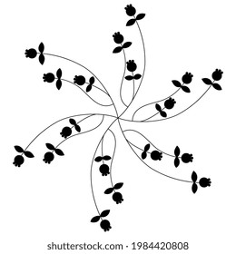 Round floral design with delicate branches with leaves and berries. Black silhouette on white background.