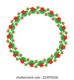 Round floral design element of leaves and berries. Traditional Ukrainian painting. Vector illustration.