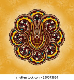 Round floral design element on a yellow background