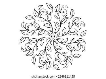 Round floral design. Hand drawn decorative mandala with leaves and herbs. Stencil, emblem, ornamental lace. Modern vector illustration.