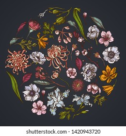 Round floral design on dark background with japanese chrysanthemum, blackberry lily, eucalyptus flower, anemone, iris japonica, sakura