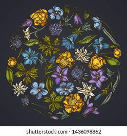 Round floral design on dark background with bellflower, edelweiss, globethistle, globeflower, meadow geranium, gentiana