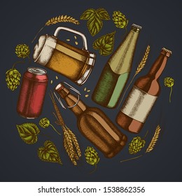 Round floral design on dark background with rye, hop, mug of beer, bottles of beer, aluminum can