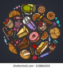 Round floral design on dark background with cinnamon, macaron, lollipop, bar, candies, oranges, buns and bread, croissants and bread, strawberry, milk boxes, smoothie cup, lollipop, smothie jars