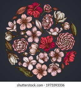 Round floral design on dark background with hibiscus, plum flowers, peach flowers, sakura flowers, magnolia flowers, camellia japonica