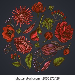 Round floral design on dark background with viburnum, hypericum, tulip, aster, leucadendron, amaryllis