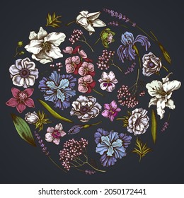 Round floral design on dark background with anemone, lavender, rosemary everlasting, phalaenopsis, lily, iris