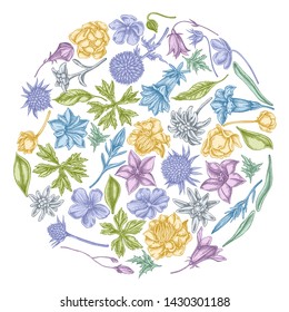 Round floral design with pastel bellflower, edelweiss, globethistle, globeflower, meadow geranium, gentiana