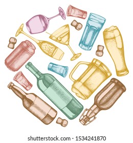 Round floral design with pastel glass, champagne, mug of beer, alcohol shot, bottles of beer, bottle of wine, glass of champagne, glass of wine, glass of martini, aluminum can