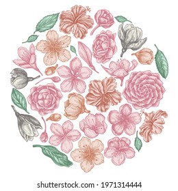 Round floral design with pastel hibiscus, plum flowers, peach flowers, sakura flowers, magnolia flowers, camellia japonica