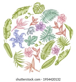 Round floral design with pastel monstera, banana palm leaves, strelitzia, heliconia, tropical palm leaves, orchid