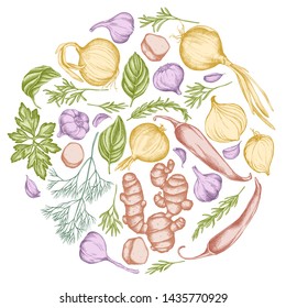 Round floral design with pastel onion, garlic, pepper, greenery, ginger, basil, rosemary