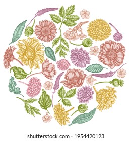 Round floral design with pastel poppy flower, gerbera, sunflower, milkweed, dahlia, veronica