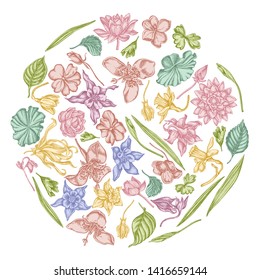 Round floral design with pastel ylang-ylang, impatiens, daffodil, tigridia, lotus, aquilegia