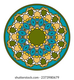 Round floral design with a predominance of blue and green colors. Design element, icon. Vector illustration