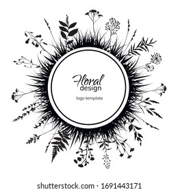 Round floral design template with black silhouettes of meadow herbs. Floral frame design. Wild grass. Vector illustration.