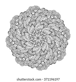 Round floral element for coloring book. 