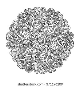 Round floral element for coloring book. 