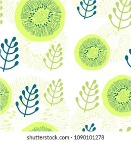 Round floral elements and other plant decor on white background. Seamless pattern. For printing on textiles, Wallpaper, cards
