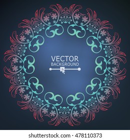 Round Floral Elements With Place For Text. Decorative Round Floral Vintage Backdrop. For Invitation, Wedding Card, Scrapbooking. Red, Blue, Green. Vector Illustration.