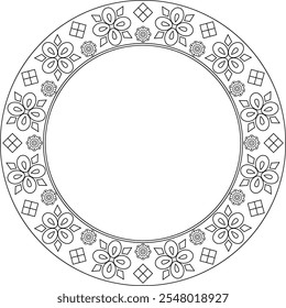 Quadro redondo padrão de bordados florais. Borda redonda decorativa. Vetor de contorno preto