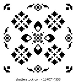 Round floral folk ornament in european scandinavian style, pixel effect of embroidery. Stock vector illustration for web and print, textile, patterns of embroideries and postcards 