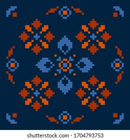 Round floral folk ornament in european scandinavian style, pixel effect of embroidery. Stock vector illustration for web and print, textile, patterns of embroideries and postcards 