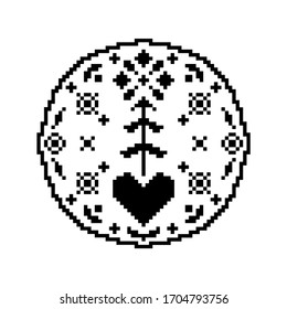 Round floral folk ornament in european scandinavian style, pixel effect of embroidery. Stock vector illustration for web and print, textile, patterns of embroideries and postcards 